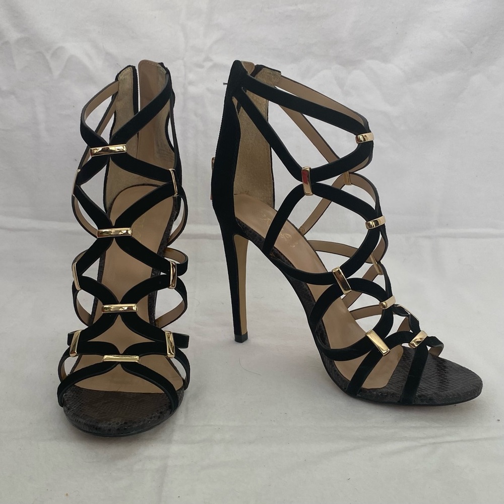 Black Strappy Heels with Gold Accents